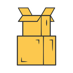 Sticker - Cardboard boxes pile yellow color icon. Parcel packing. Empty open carton boxes for wrapping order. Warehouse supply. Goods storage crates stack. Isolated vector illustration