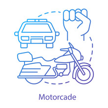 Motorcade Concept Icon. Vehicles Procession Idea Thin Line Illustration. Police Car, Motorcycle And Fist Vector Isolated Outline Drawing. Political Transport, Security Cortege. Presidential Escort