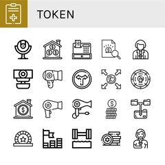 Wall Mural - Set of token icons such as Report, Webcam, Coin, Register, Reporter, Hair dryer, Turn, Pound, Download file, Token, Coins, Hydrotherapy, Tokens , token