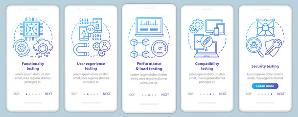 Software testing onboarding mobile app page screen vector template. Computer program development. Walkthrough website steps with linear illustrations. UX, UI, GUI smartphone interface concept