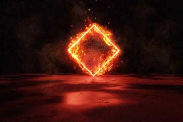 Fototapete - 3d rendering of red lighten rotated square shape in fire against grunge wall background