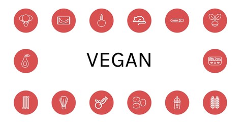 Poster - Set of vegan icons such as Broccoli, Banana, Onion, Animal testing, Mint, Radish, Salad, Gmo, Potato, Smoothie, Brussels sprouts, Avocado , vegan