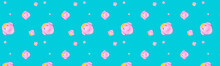 Pink Seamless Pattern. Plastic Toys Pink Rubber Ducks Isolated On Blue Background