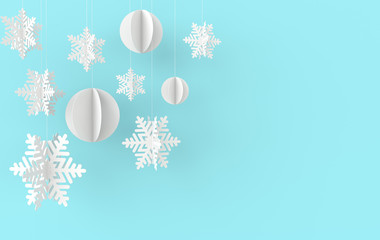 Wall Mural - christmas background with white paper snowflakes and ball. winter decoration. xmas and new year pape