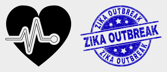 Vector heart pulse pictogram and Zika Outbreak seal. Red round scratched seal with Zika Outbreak text. Vector composition in flat style. Black isolated heart pulse pictogram.