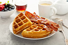 Breakfast Plate With Waffles And Bacon