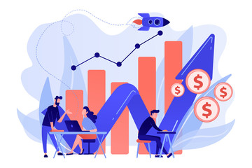 Sticker - Sales managers with laptops and growth chart. Sales growth and manager, accounting, sales promotion and operations concept on white background. Living coral blue vector isolated illustration