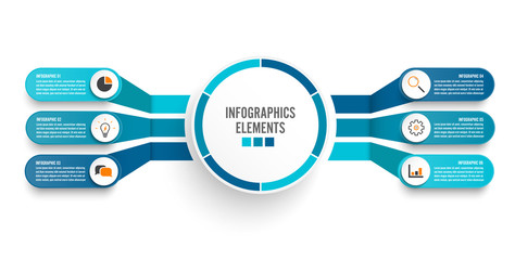 Poster - Vector infographic template with 3D paper label, integrated circles. Business concept with 6 options. For content, diagram, flowchart, steps, parts, timeline infographics, workflow, chart.