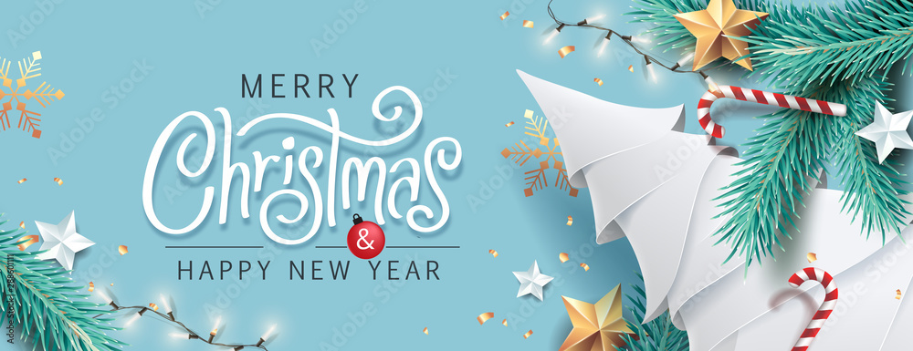 Merry Christmas and Happy New Year background for Greeting cards with tree Branches christmas tree gold paper and gold stars.Merry Christmas vector text Calligraphic Lettering Vector illustration. - obrazy, fototapety, plakaty 