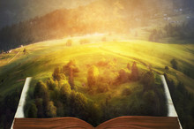 Open Fairytale  Magic Book. Beautiful Mountain View. Natural Summer (spring) Background. Amazing Landscape