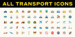 All Transport, Transportation Vector Icons. Logistics, Delivery, Shipping, Railway, Airways, Ambulance, Emergency Car Symbols, Emojis, Emoticons, Flat Illustrations Set, Collection