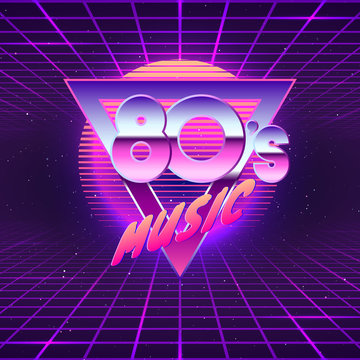 Paster template for retro party 80s. Neon colors. Vintage electronic music flyer. Vector illustration