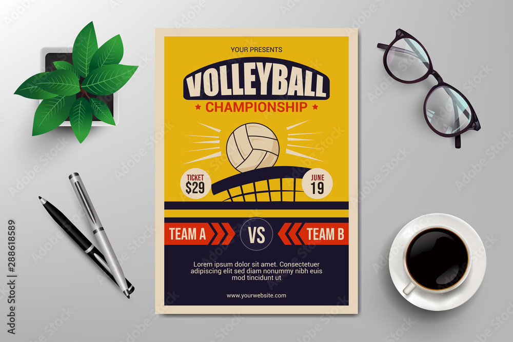 volleyball championship flyer template, retro flat design vector Stock ...