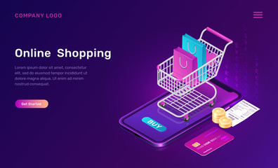 Poster - Online shopping, isometric concept vector illustration. Smartphone screen with buy button, shopping cart with bags, credit card and paper check isolated on ultraviolet, landing web page for mobile app