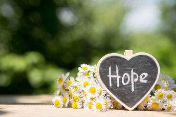 hope - inscription on the heart, sharing hope concept, green bokeh background