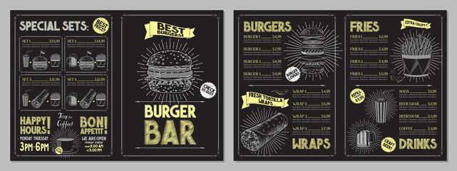 burger bar menu template - a4 card (burgers, wraps, french fries, drinks, sets)