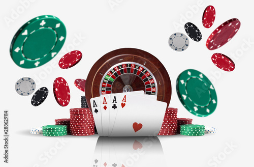 Cuadros en Lienzo Four aces standing ahead of a brown roulette and chips in piles which flying apart, isolated on white background