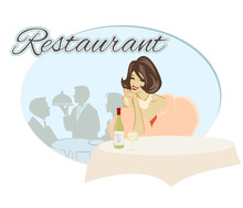 Restaurant Scene. Lady Sitting At A Restaurant Table With Wine. Flat Style Vector Image. Vintage Poster