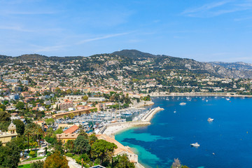 Wall Mural - Landscape panoramic coast view between Nice and Monaco, Cote d'Azur, France, South Europe. Beautiful luxury resort of French riviera. Famous tourist destination with nice beach on Mediterranean sea