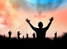 Praise And Worship Concept: Silhouette Human Looking For The Cross On Autumn Sunrise Background