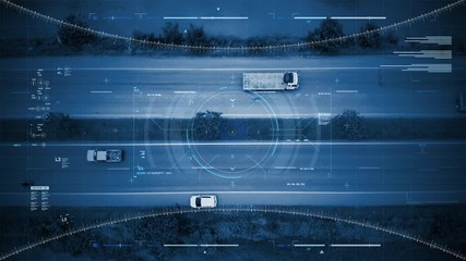 Poster - aerial view scenic landscape of the road traffic and drone user interface with graph bar scale for c