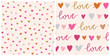 Set of Valentines day vector patterns. Seamless heart pattern and love phrase. Hand drawn abstract vector background. 