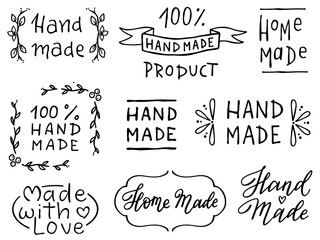 Set of hand drawn simple phrases home made and hand made. Prints for menu, restaurants or cafe, stamps or as separate elements. Ink, pen outline, black and white vectors.