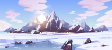 Cold Winter In Canada, Wild Northern Nature Rocky Landscape Cartoon Vector Background With Morning Sun Rising Over Mountains Snowy Peaks, Field Of Snow, Frozen, Ice-bound River Or Lake Illustration