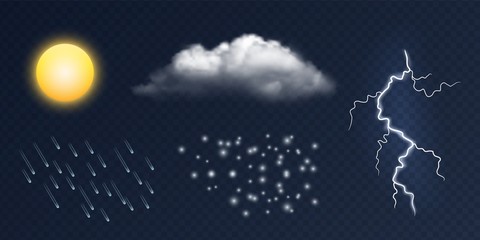 Wall Mural - weather elements. vector realistic sun, cloud, lighting, rain and snow isolated on transparent backg