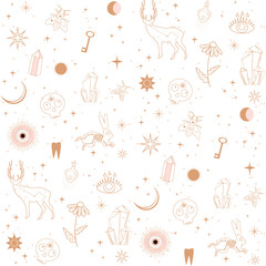 Wall Mural - Seamless pattern with Astrology, esoteric  and Space concept with animals, space objects, crystals. Minimalistic objects made in the style of one line. Editable vector illustration.