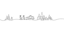 Christmas Landscape Continuous One Line Vector Drawing. Santa In Sleigh With Deers, Trees, Snowdrifts, Snowman