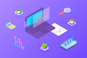 Poster - Statistics Analyse Data Information on Laptop Notebook isometric flat design vector illustration