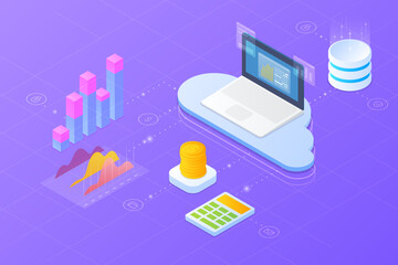 Poster - cloud computing data storage technology isometric flat vector illustration. connect with laptop comp