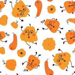 Wall Mural - Seamless pattern with hand drawn pumpkins with faces. Cute funny design for Halloween or Thankful day. Vector vegetable illustration.