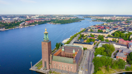 Stockholm, Sweden. Stockholm City Hall. Stockholms stadshus. Built in 1923, red brick town hall, From Drone