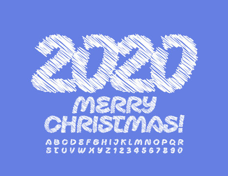 Vector bright Greeting Card Merry Christmas 2020! White Uppercase Font.  Sketch Alphabet Letters and Numbers