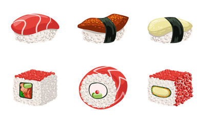 Sticker - Sushi Set, Traditional Japanese Delicious Seafood, Asian Cuisine Restaurant Design Elements Vector Illustration