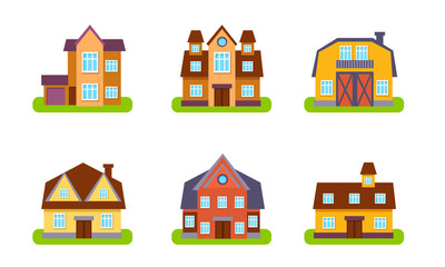 Sticker - Suburban Residential Houses and Cottages Set, Real Estate Buildings, Front View Vector Illustration