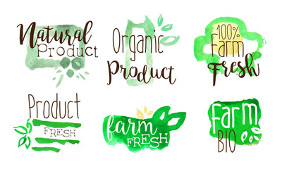 Sticker - Bio Natural Organic Food Labels Set, Farm Product Green Badges Watercolor Hand Drawn Vector Illustration