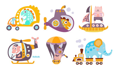 Wall Mural - Collection of Toy Transport with Cute Animals, Funny Dinosaur, Fish, Cat, Pig, Bear, Elephant Driving Various Types of Transport Vector Illustration