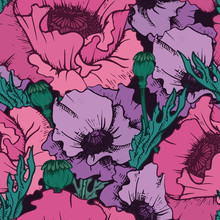 Floral Seamless Pattern. Vintage Style, Hand-drawn, Imitation Ink. Poppy Flowers, Buds, Leaves, Poppy Heads Will Form A Continuous Pattern. Pastel Colors: Violet, Lilac, Pink. Dark Background.
