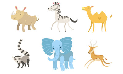 Wall Mural - Cute African Animals Set, Rhino, Zebra, Camel, Raccoon, Elephant, Antelope Vector Illustration