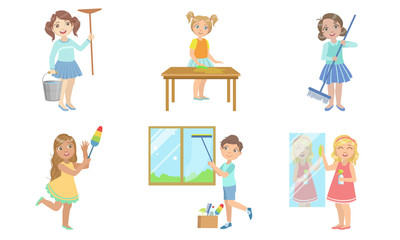 Sticker - Boys and Girls Doing Different Housework Chores Set, Kids Helping Their Parents with Home Cleaning Vector Illustration