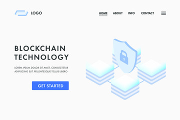 Poster - blockchain technology concept slider banner design with isometric blocks chain illustration and text
