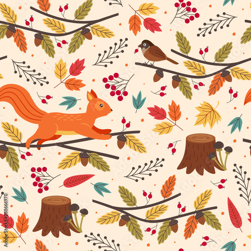 Photo seamless pattern with hedgehog and autumn elements - vector illustration, eps