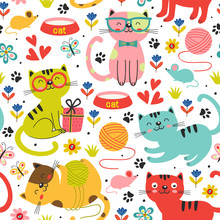 Seamless Pattern With Colorful Cats In Flowers - Vector Illustration, Eps    