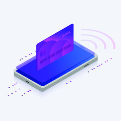 Poster - mobile bank payment vector isometric concept with smartphone and bank credit card. for website templ