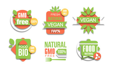 Sticker - Eco Fresh Food Labels Set, Green Natural Vegan Food Gmo Free Vector Illustration