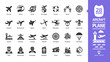 Aircraft icon set with flight plane glyph symbols: airplane, business jet, airport, fly aeroplane, commercial aviation, travel air, military fighter, airline, cargo aero transport landing and takeoff.