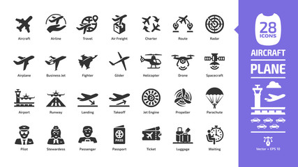 Aircraft icon set with flight plane glyph symbols: airplane, business jet, airport, fly aeroplane, commercial aviation, travel air, military fighter, airline, cargo aero transport landing and takeoff.